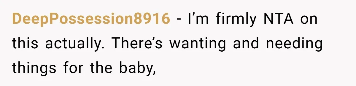 DeepPossession8916 − I’m firmly NTA on this actually. There’s wanting and needing things for the baby,