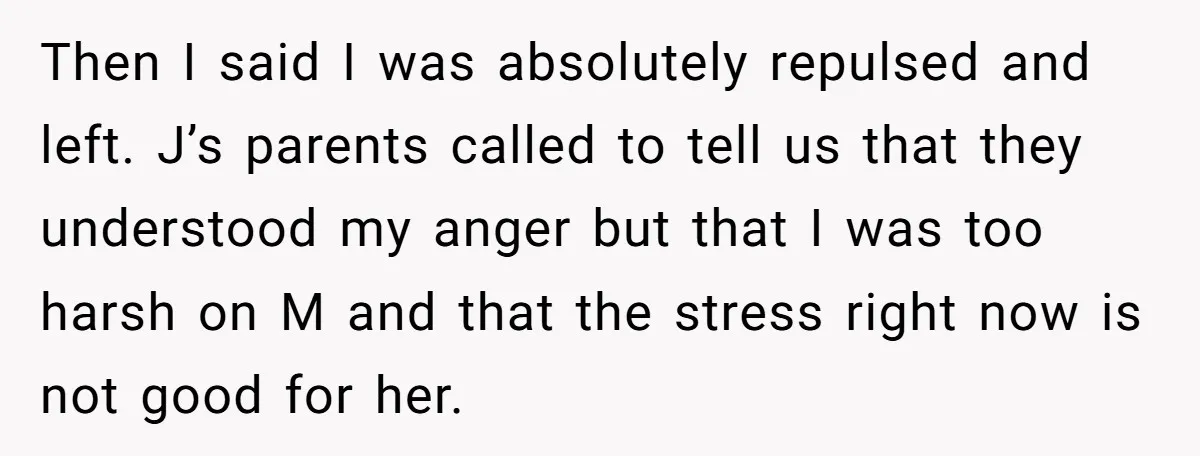 Then I said I was absolutely repulsed and left. J’s parents called to tell us that they understood my anger but that I was too harsh on M and that...