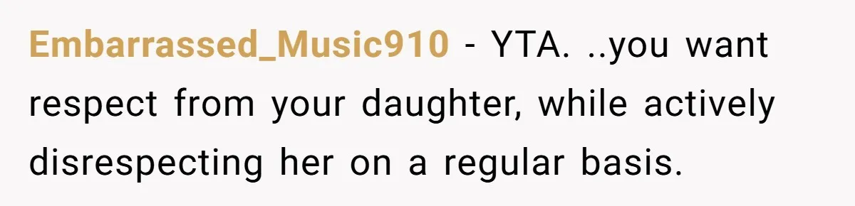 Embarrassed_Music910 − YTA. ..you want respect from your daughter, while actively disrespecting her on a regular basis.