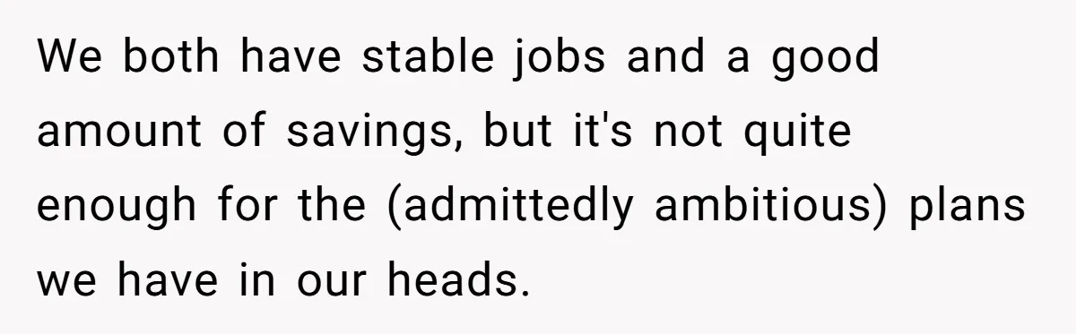 We both have stable jobs and a good amount of savings, but it's not quite enough for the (admittedly ambitious) plans we have in our heads.