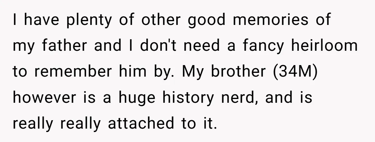 I have plenty of other good memories of my father and I don't need a fancy heirloom to remember him by. My brother (34M) however is a huge history nerd,...