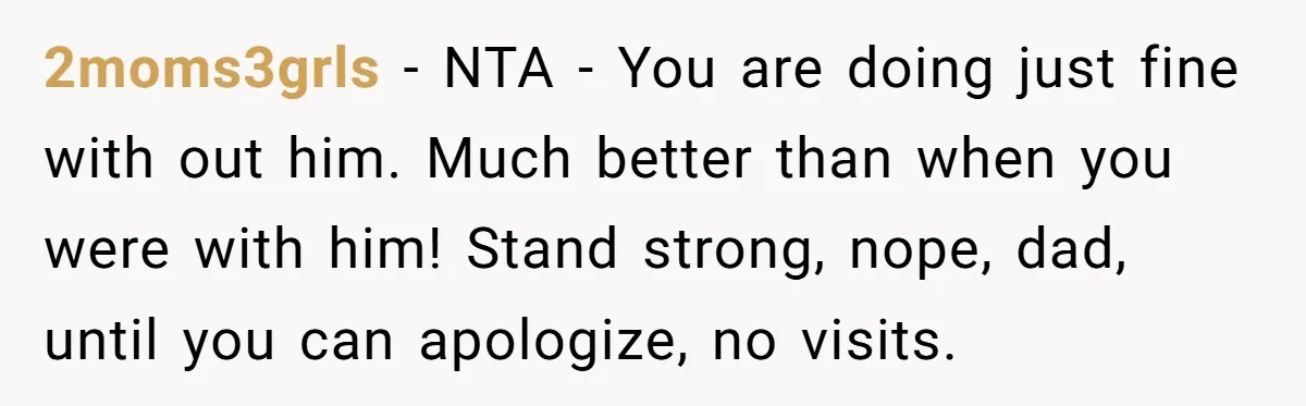 2moms3grls − NTA - You are doing just fine with out him. Much better than when you were with him! Stand strong, nope, dad, until you can apologize, no visits.