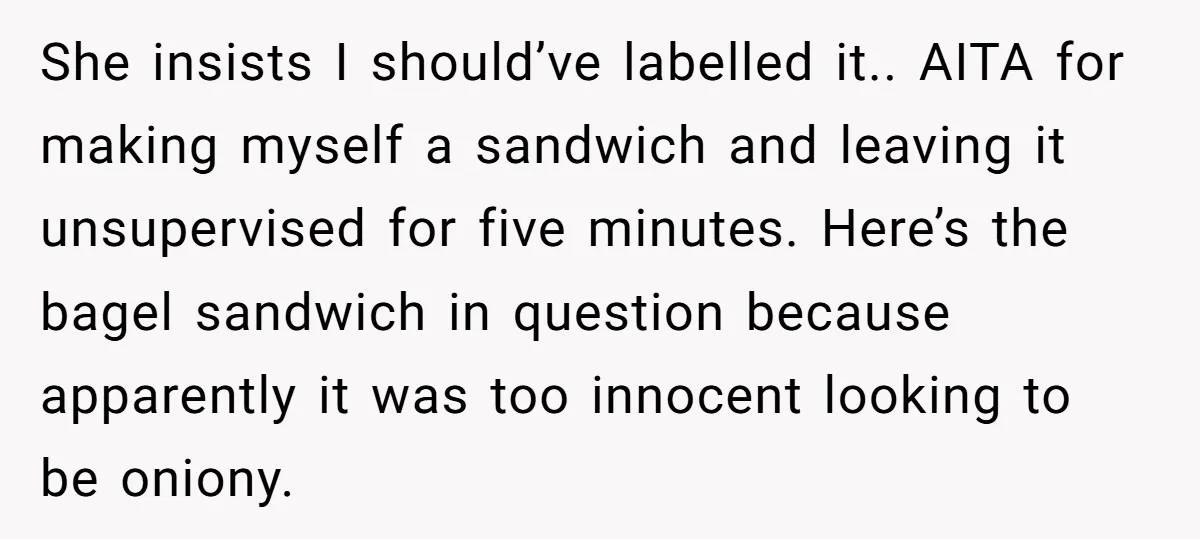 She insists I should’ve labelled it.. AITA for making myself a sandwich and leaving it unsupervised for five minutes. Here’s the bagel sandwich in question because apparently it was too...