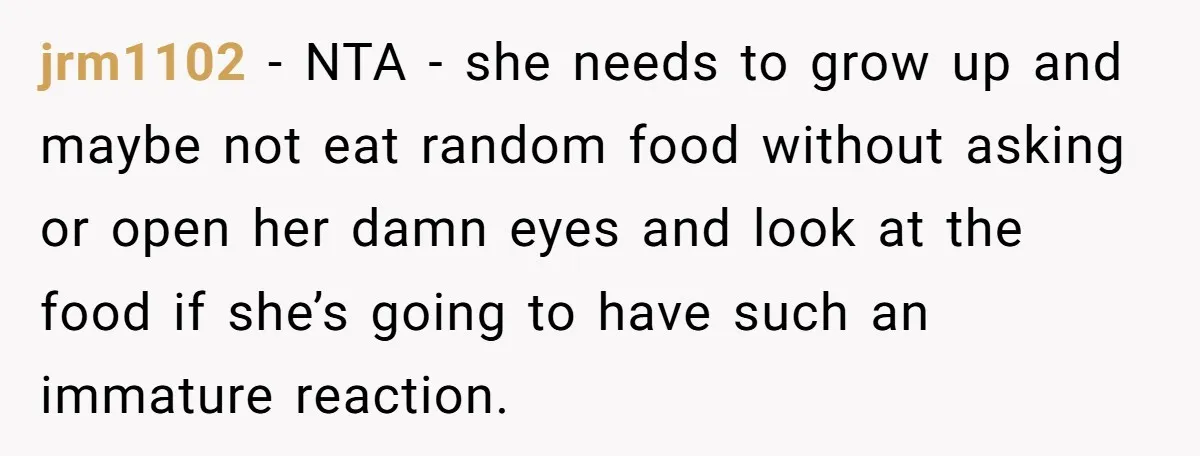 jrm1102 − NTA - she needs to grow up and maybe not eat random food without asking or open her damn eyes and look at the food if she’s going...