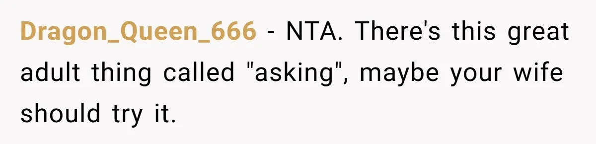 Dragon_Queen_666 − NTA. There's this great adult thing called "asking", maybe your wife should try it.