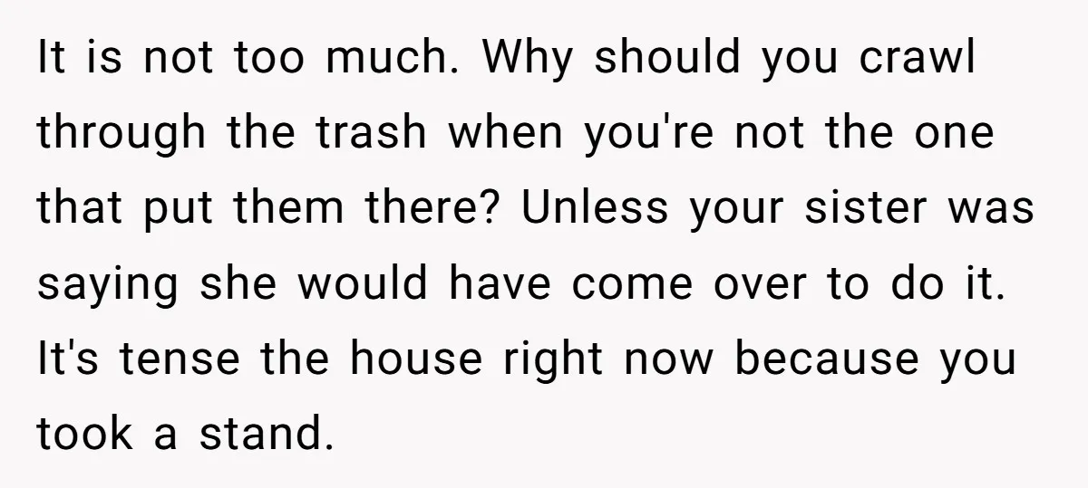 It is not too much. Why should you crawl through the trash when you're not the one that put them there? Unless your sister was saying she would have come...