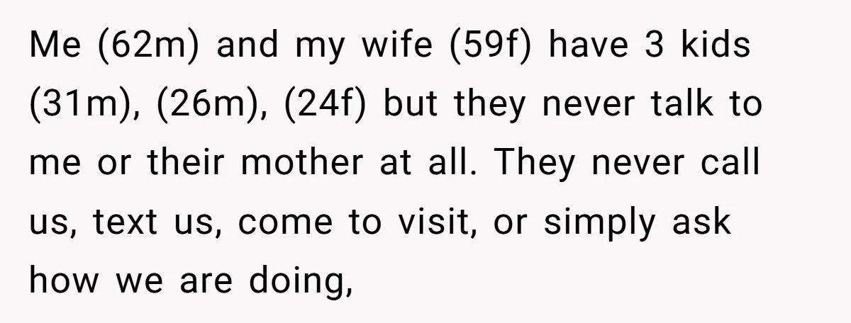 Me (62m) and my wife (59f) have 3 kids (31m), (26m), (24f) but they never talk to me or their mother at all. They never call us, text us, come...