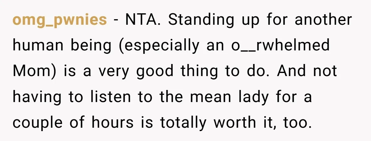 omg_pwnies − NTA. Standing up for another human being (especially an o__rwhelmed Mom) is a very good thing to do. And not having to listen to the mean lady for...