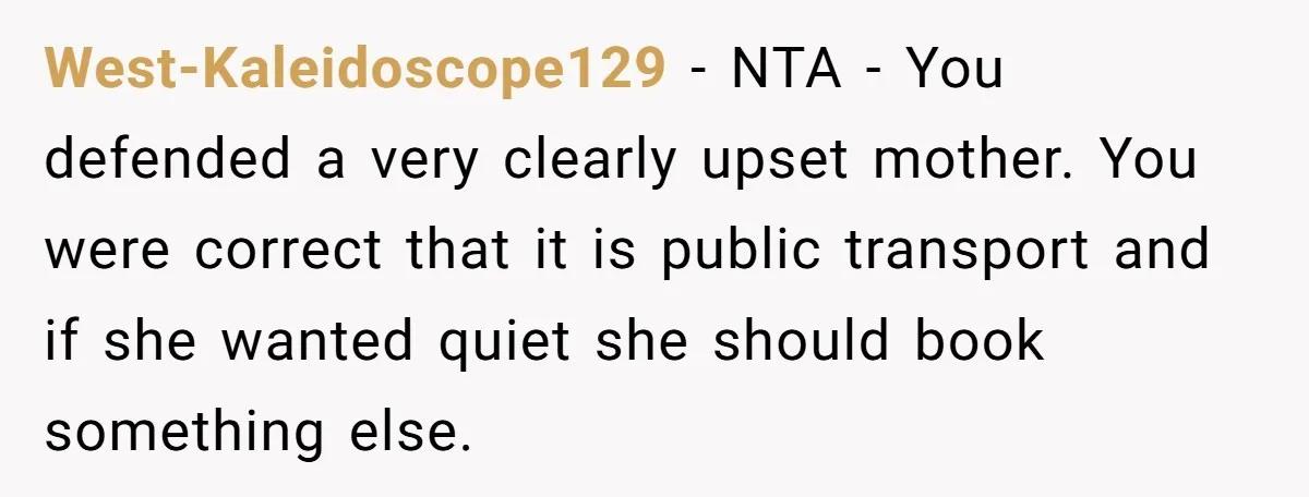 West-Kaleidoscope129 − NTA - You defended a very clearly upset mother. You were correct that it is public transport and if she wanted quiet she should book something else.