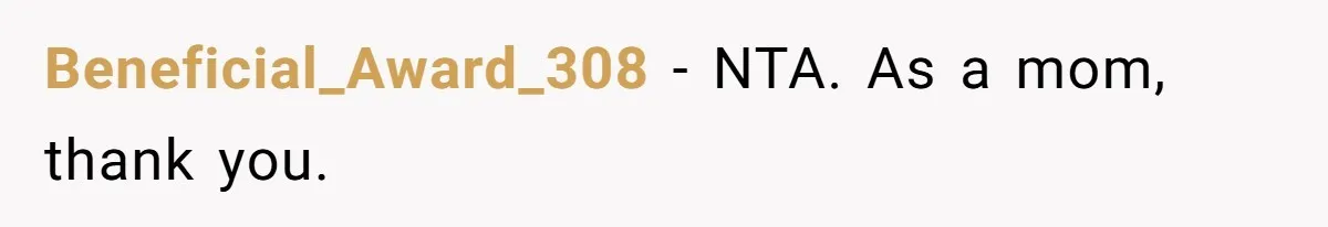 Beneficial_Award_308 − NTA. As a mom, thank you.