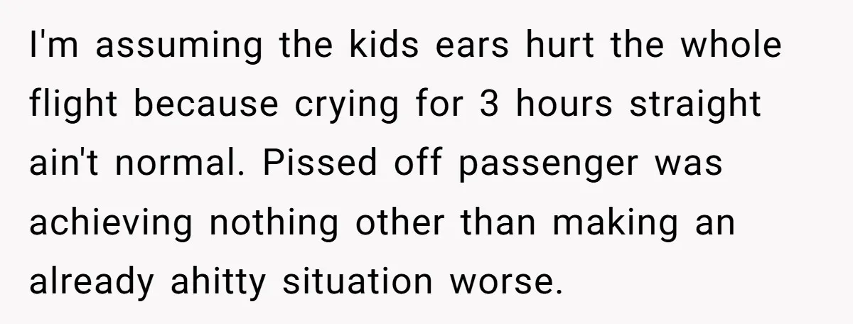 I'm assuming the kids ears hurt the whole flight because crying for 3 hours straight ain't normal. Pissed off passenger was achieving nothing other than making an already ahitty situation...
