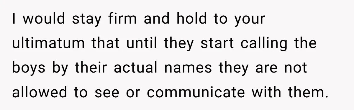 I would stay firm and hold to your ultimatum that until they start calling the boys by their actual names they are not allowed to see or communicate with them.