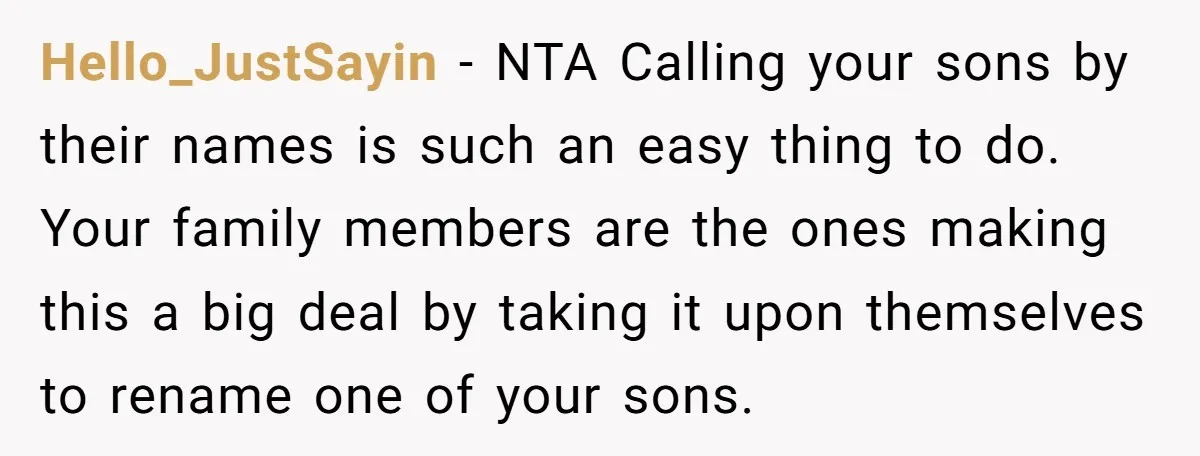 Hello_JustSayin − NTA Calling your sons by their names is such an easy thing to do. Your family members are the ones making this a big deal by taking it...