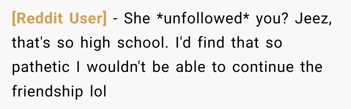 [Reddit User] − She *unfollowed* you? Jeez, that's so high school. I'd find that so pathetic I wouldn't be able to continue the friendship lol