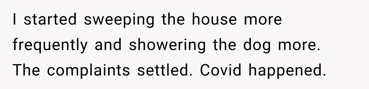 I started sweeping the house more frequently and showering the dog more. The complaints settled. Covid happened.