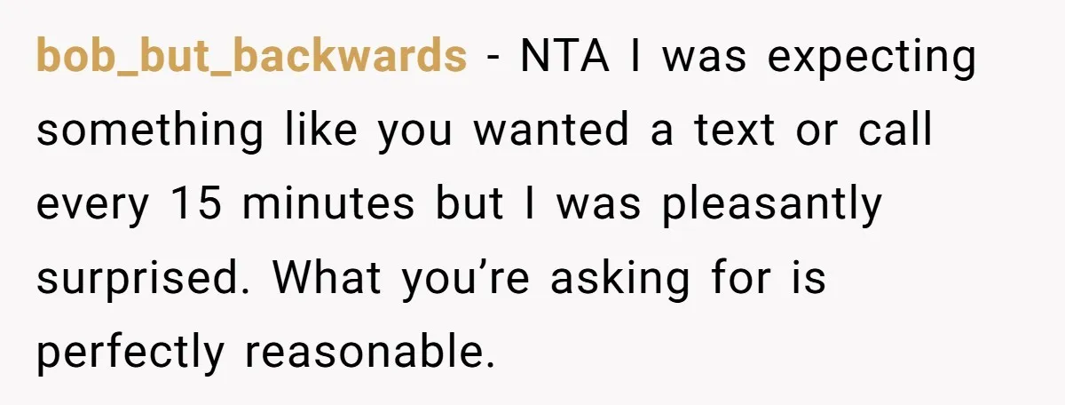 bob_but_backwards - NTA I was expecting something like you wanted a text or call every 15 minutes but I was pleasantly surprised. What you’re asking for is perfectly reasonable.