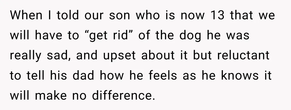 When I told our son who is now 13 that we will have to “get rid” of the dog he was really sad, and upset about it but reluctant to...