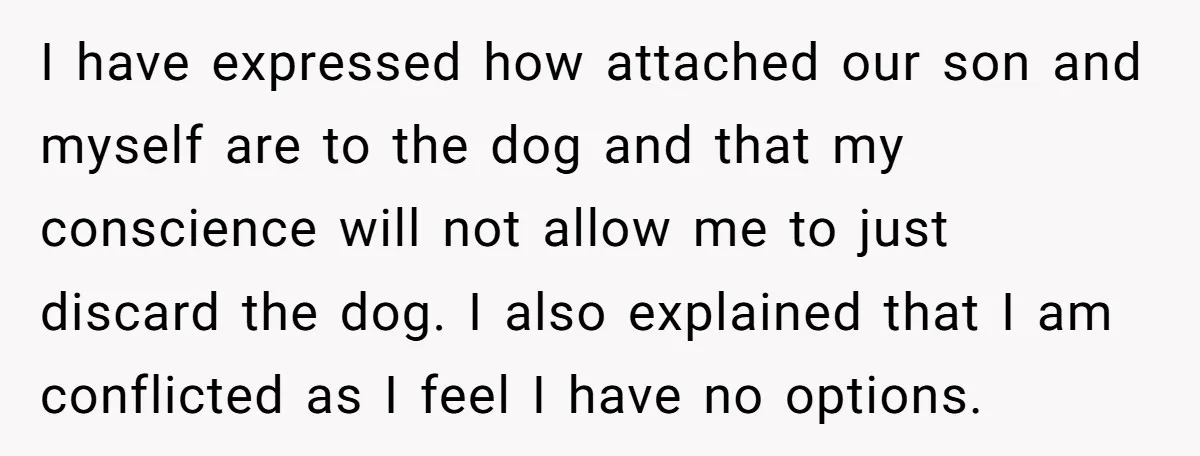 I have expressed how attached our son and myself are to the dog and that my conscience will not allow me to just discard the dog. I also explained that...