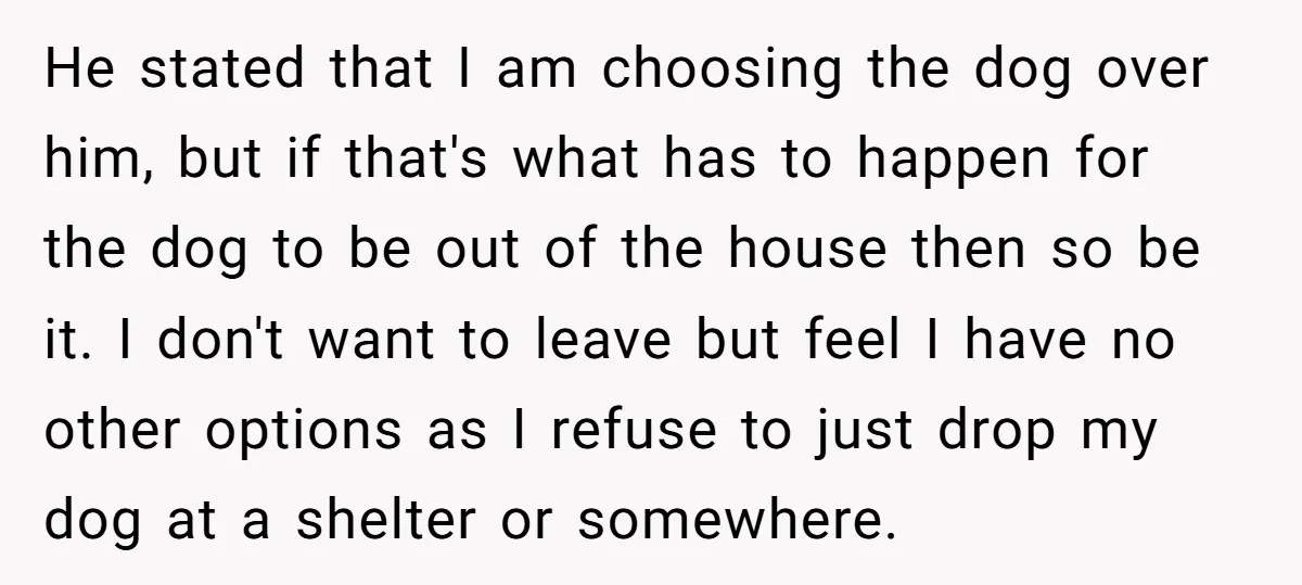 He stated that I am choosing the dog over him, but if that's what has to happen for the dog to be out of the house then so be it....
