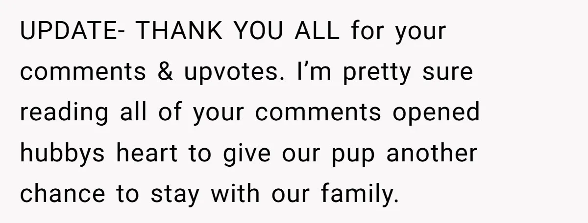 UPDATE- THANK YOU ALL for your comments & upvotes. I’m pretty sure reading all of your comments opened hubbys heart to give our pup another chance to stay with our...