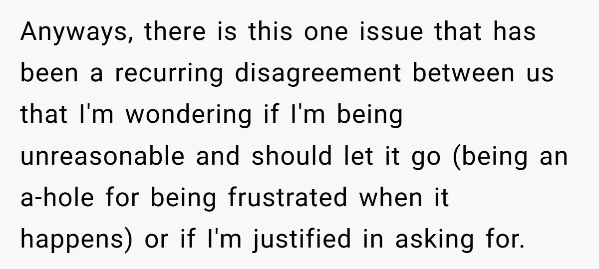 Anyways, there is this one issue that has been a recurring disagreement between us that I'm wondering if I'm being unreasonable and should let it go (being an a-hole for...