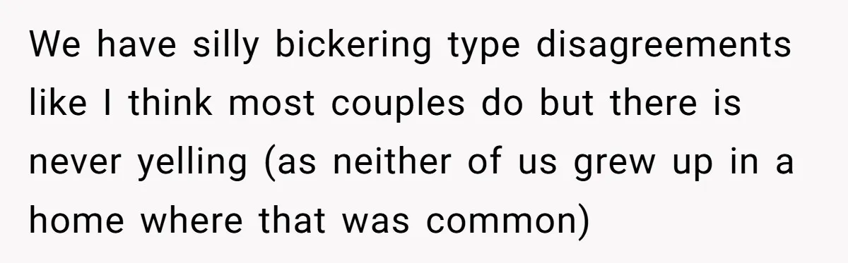 We have silly bickering type disagreements like I think most couples do but there is never yelling (as neither of us grew up in a home where that was common)