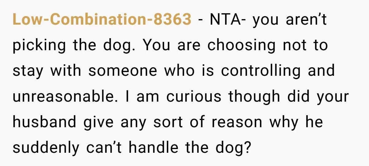 Low-Combination-8363 − NTA- you aren’t picking the dog. You are choosing not to stay with someone who is controlling and unreasonable. I am curious though did your husband give any...