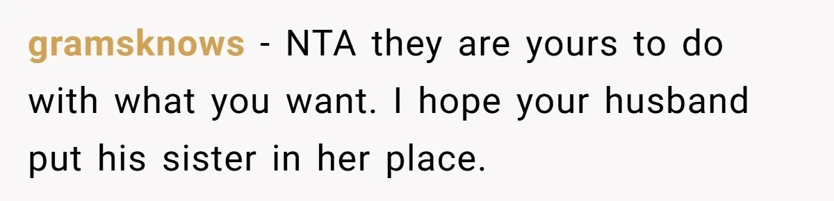 gramsknows − NTA they are yours to do with what you want. I hope your husband put his sister in her place.