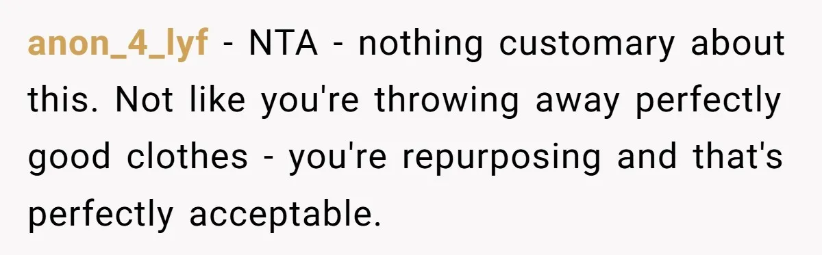 anon_4_lyf − NTA - nothing customary about this. Not like you're throwing away perfectly good clothes - you're repurposing and that's perfectly acceptable.