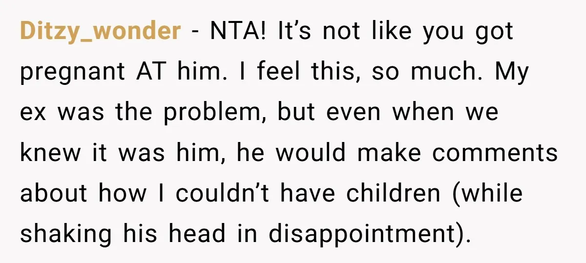 Ditzy_wonder − NTA! It’s not like you got pregnant AT him. I feel this, so much. My ex was the problem, but even when we knew it was him, he...