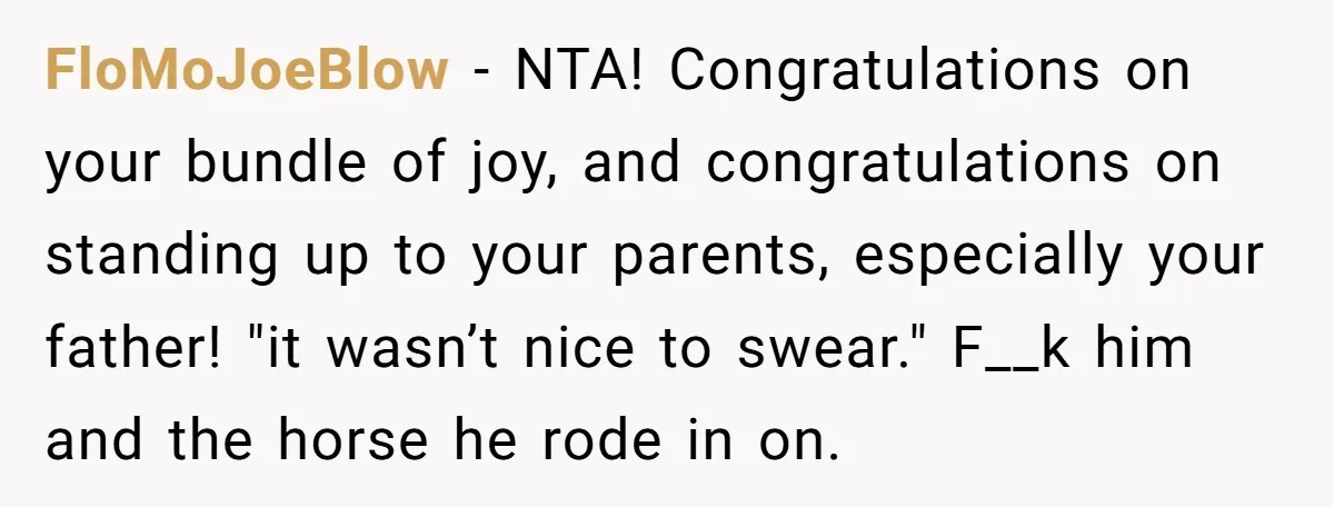 FloMoJoeBlow - NTA! Congratulations on your bundle of joy, and congratulations on standing up to your parents, especially your father! "it wasn’t nice to swear." F__k him and the horse...
