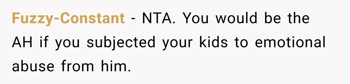 Fuzzy-Constant - NTA. You would be the AH if you subjected your kids to emotional abuse from him.