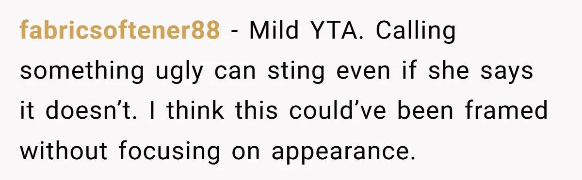 fabricsoftener88 - Mild YTA. Calling something ugly can sting even if she says it doesn’t. I think this could’ve been framed without focusing on appearance.