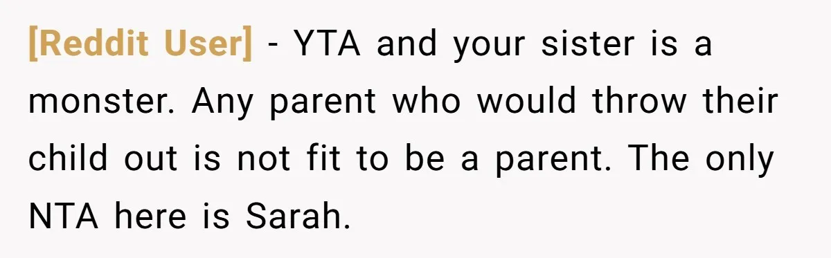 [Reddit User] − YTA and your sister is a monster. Any parent who would throw their child out is not fit to be a parent. The only NTA here is...