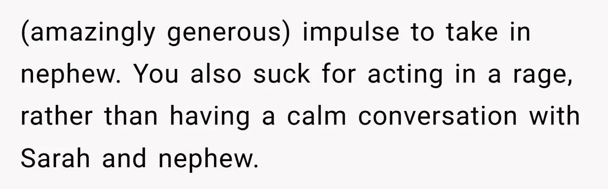 (amazingly generous) impulse to take in nephew. You also suck for acting in a rage, rather than having a calm conversation with Sarah and nephew.