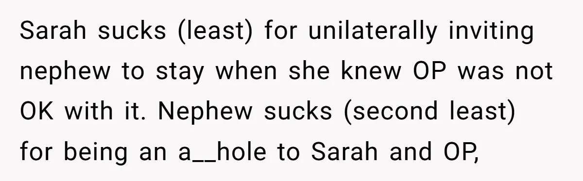 Sarah sucks (least) for unilaterally inviting nephew to stay when she knew OP was not OK with it. Nephew sucks (second least) for being an a__hole to Sarah and OP,
