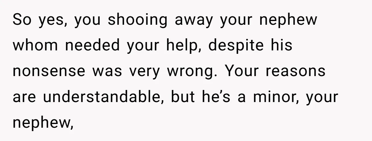 So yes, you shooing away your nephew whom needed your help, despite his nonsense was very wrong. Your reasons are understandable, but he’s a minor, your nephew,