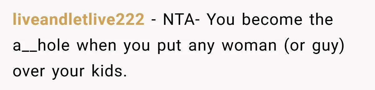 liveandletlive222 − NTA- You become the a__hole when you put any woman (or guy) over your kids.