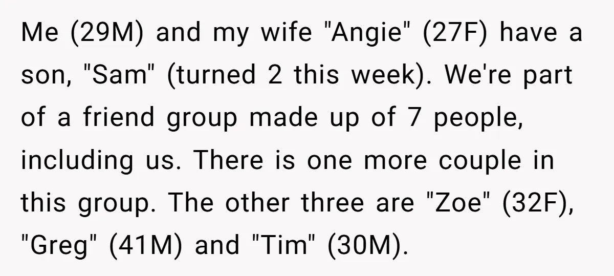 Me (29M) and my wife "Angie" (27F) have a son, "Sam" (turned 2 this week). We're part of a friend group made up of 7 people, including us. There is...