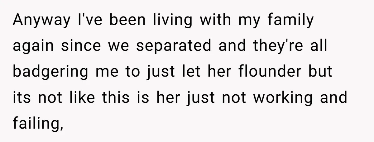 Anyway I've been living with my family again since we separated and they're all badgering me to just let her flounder but its not like this is her just not...