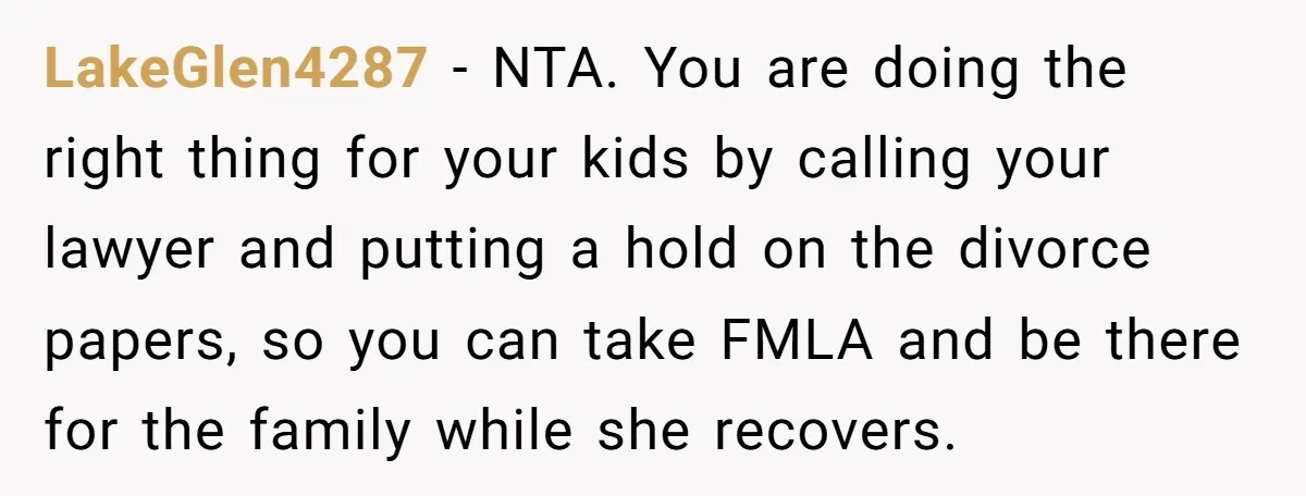 LakeGlen4287 − NTA. You are doing the right thing for your kids by calling your lawyer and putting a hold on the divorce papers, so you can take FMLA and...