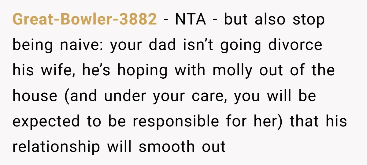 Great-Bowler-3882 − NTA - but also stop being naive: your dad isn’t going divorce his wife, he’s hoping with molly out of the house (and under your care, you will...