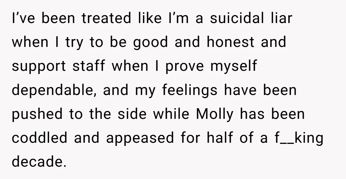 I’ve been treated like I’m a suicidal liar when I try to be good and honest and support staff when I prove myself dependable, and my feelings have been pushed...