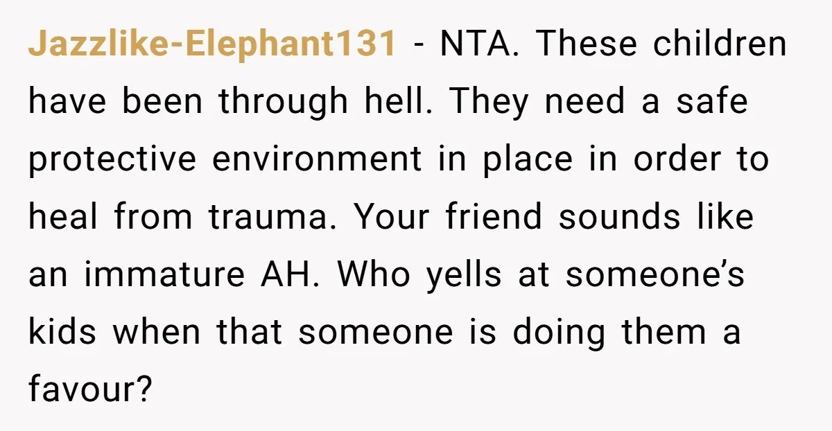 Jazzlike-Elephant131 − NTA. These children have been through hell. They need a safe protective environment in place in order to heal from trauma. Your friend sounds like an immature AH....