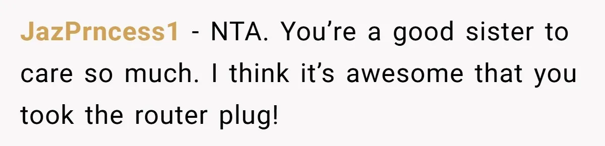 JazPrncess1 − NTA. You’re a good sister to care so much. I think it’s awesome that you took the router plug!