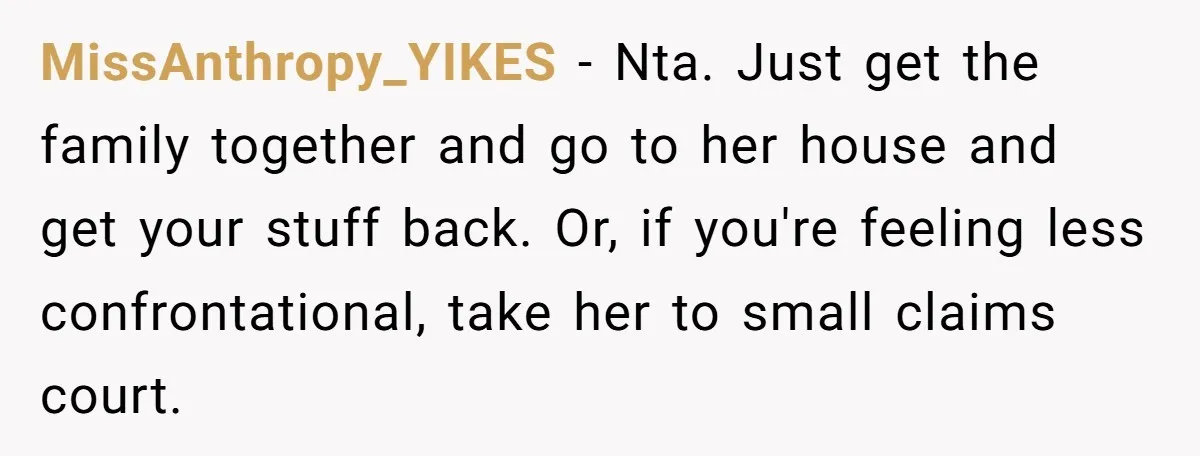 MissAnthropy_YIKES − Nta. Just get the family together and go to her house and get your stuff back. Or, if you're feeling less confrontational, take her to small claims court.