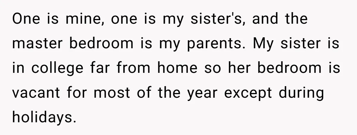 One is mine, one is my sister's, and the master bedroom is my parents. My sister is in college far from home so her bedroom is vacant for most of...