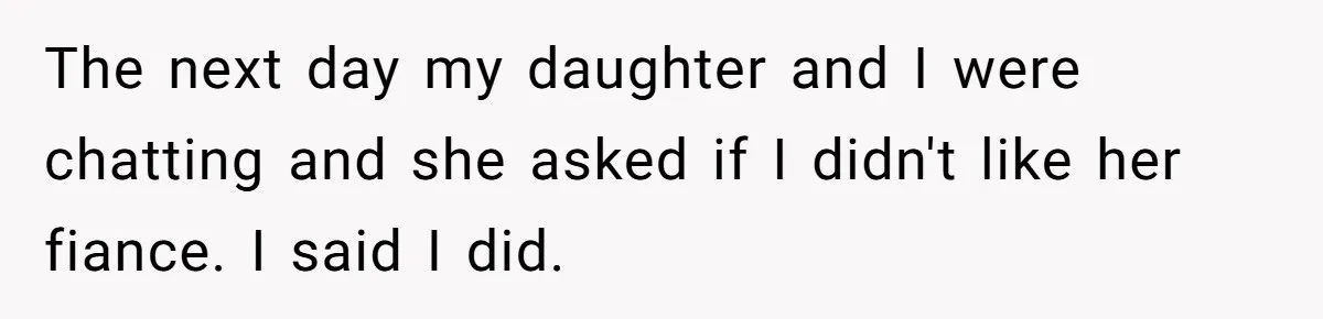 The next day my daughter and I were chatting and she asked if I didn't like her fiance. I said I did.