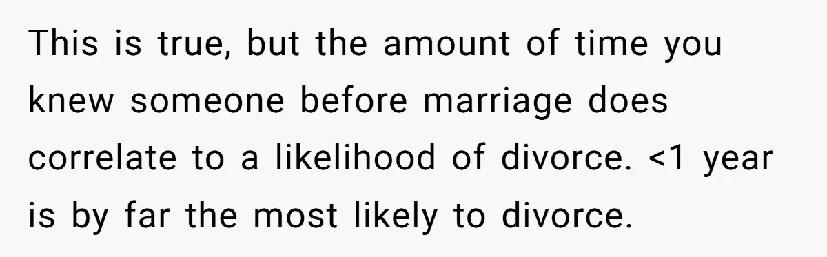 This is true, but the amount of time you knew someone before marriage does correlate to a likelihood of divorce. <1 year is by far the most likely to divorce.