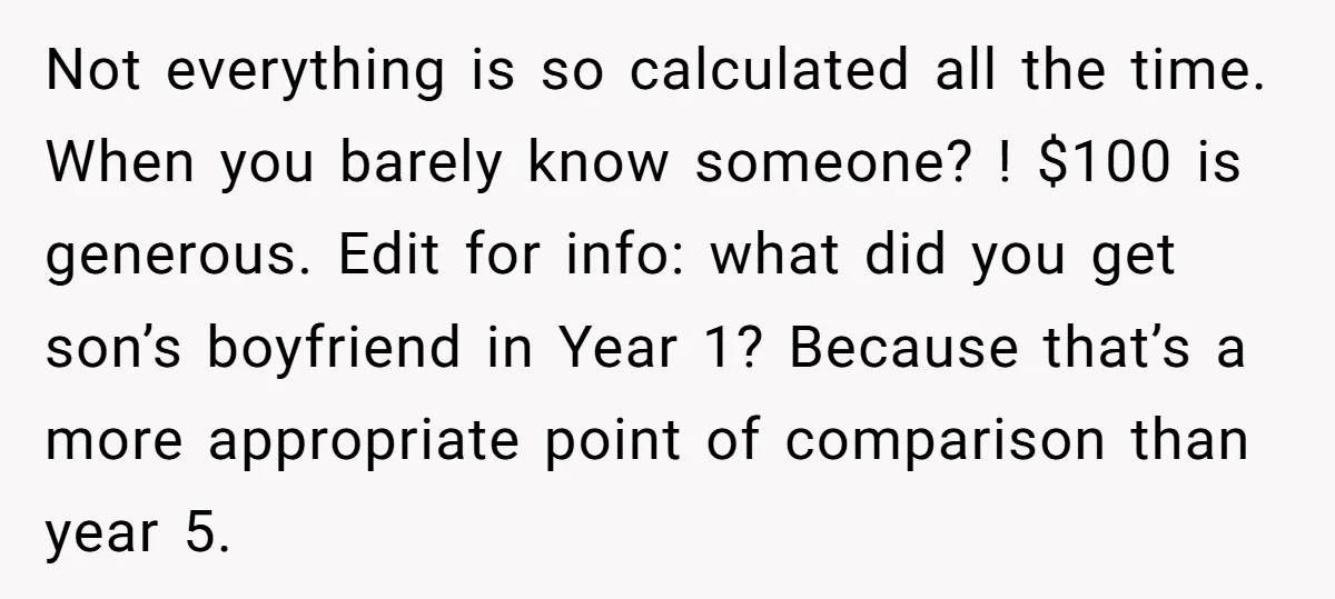 Not everything is so calculated all the time. When you barely know someone? ! $100 is generous. Edit for info: what did you get son’s boyfriend in Year 1? Because...